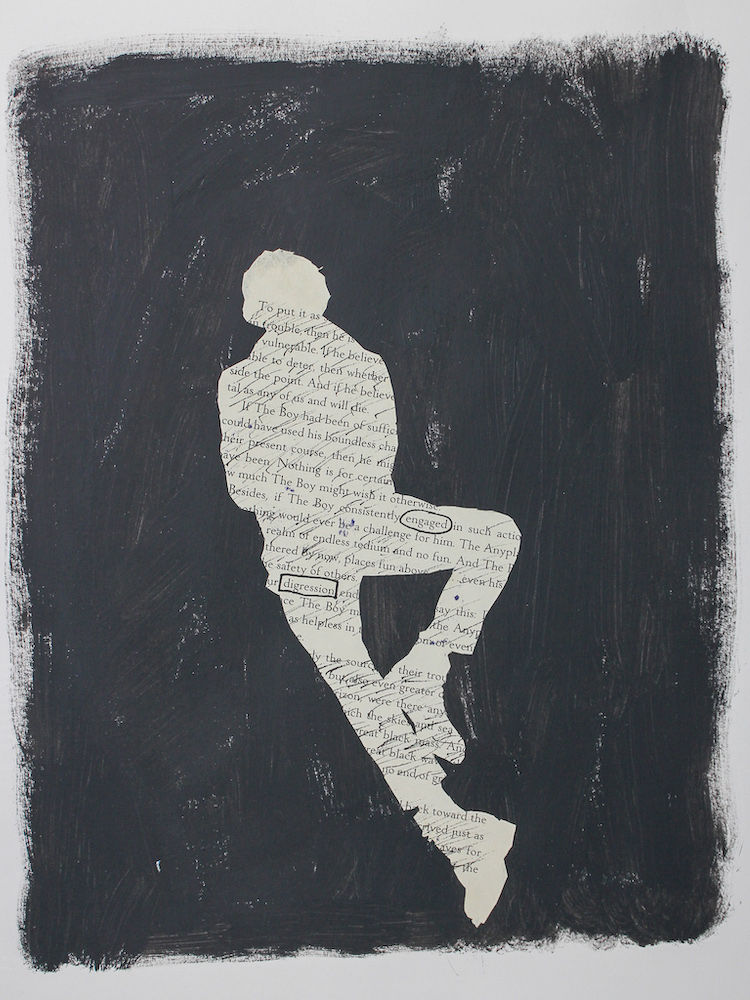 a cut-out silhouette of a man on a page of text from an old book on a black background; the words 'engaged' and 'digression' are marked