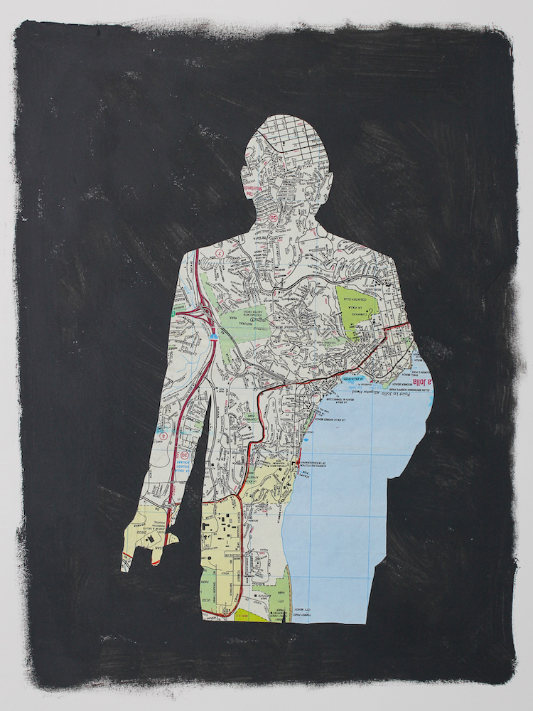 a silhouette of a man with his right hand extended as if leaning against something, the silhouette is on a map. His left leg and left arm, which is tucked into a pocket perhaps is designated as water on the map.