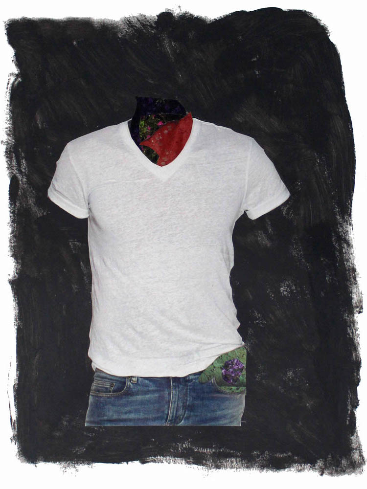 a found image of a white t-shirt whose wearer has been cut away; there are floral blooms protruding from the neck and jeans pocket on a painted black background