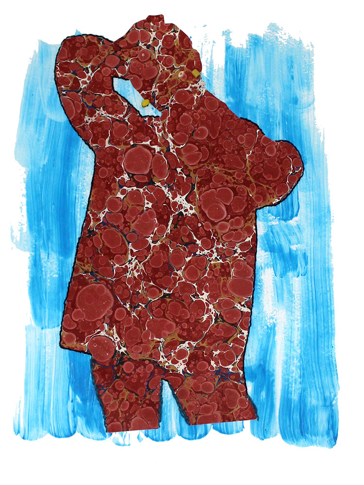 a cut-out silhouette of a woman into found red paper marbled with white and blue on a blue background