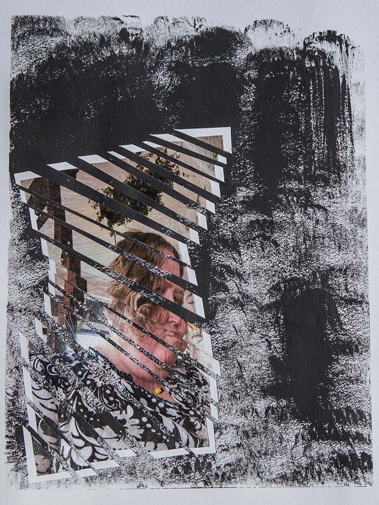 photograph fragments of a plus-sized woman wearing black and white paisley are arranged on a black background, a yellow bead is placed near her neckline.